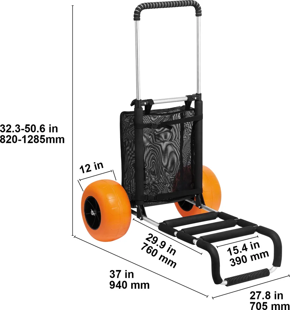 SucceBuy Carrello da spiaggia per sabbia - Area di carico 29,9" x 15,4". Carrello pieghevole per la sabbia con ruote in schiuma da 12", portata di 165 libbre e altezza regolabile da 27" a 44,7". Resistente per le avventure in spiaggia. - 8