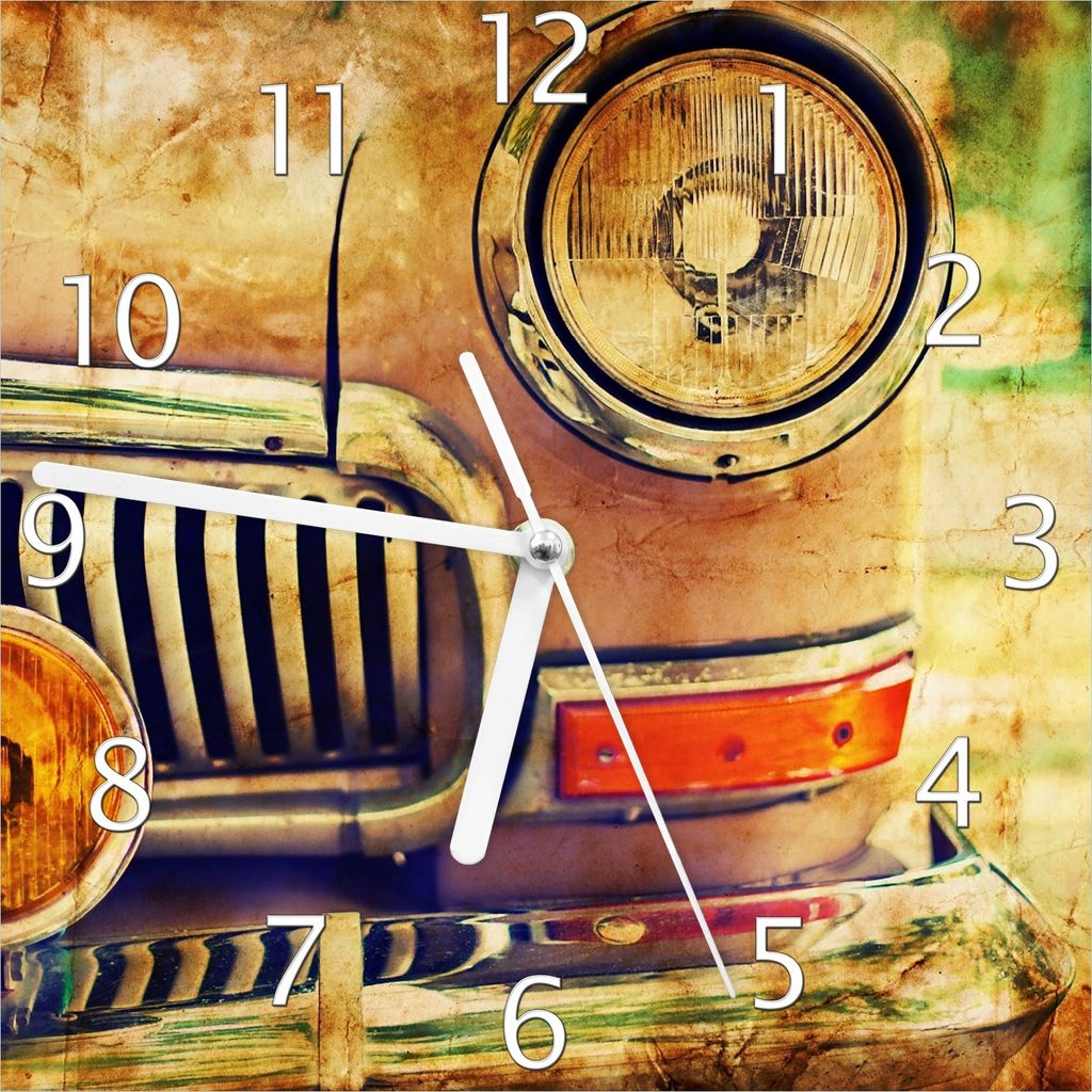 Wallario Design Wanduhr Antiker Oldtimer in Sepiafarben - Frontansicht aus Echtglas, Größe 20 x 20 cm