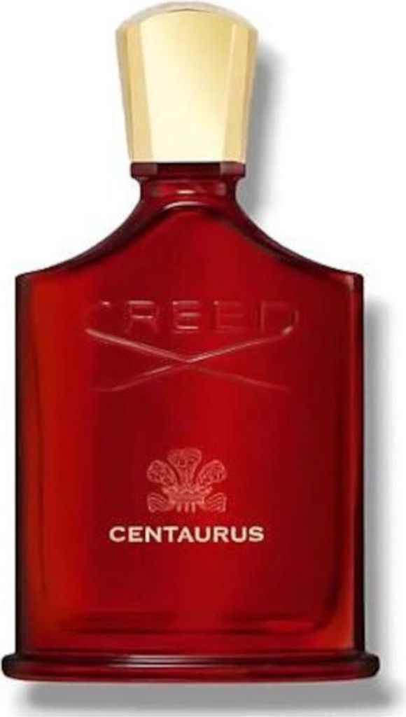A product shot of a red glass bottle of Creed Centaurus Eau de Parfum with a gold cap.