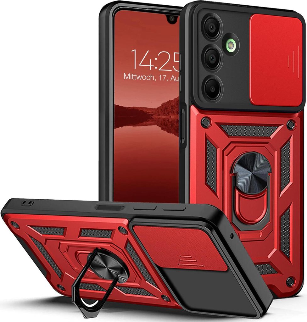 A red and black phone case with a ring holder and camera cover, shown from multiple angles.