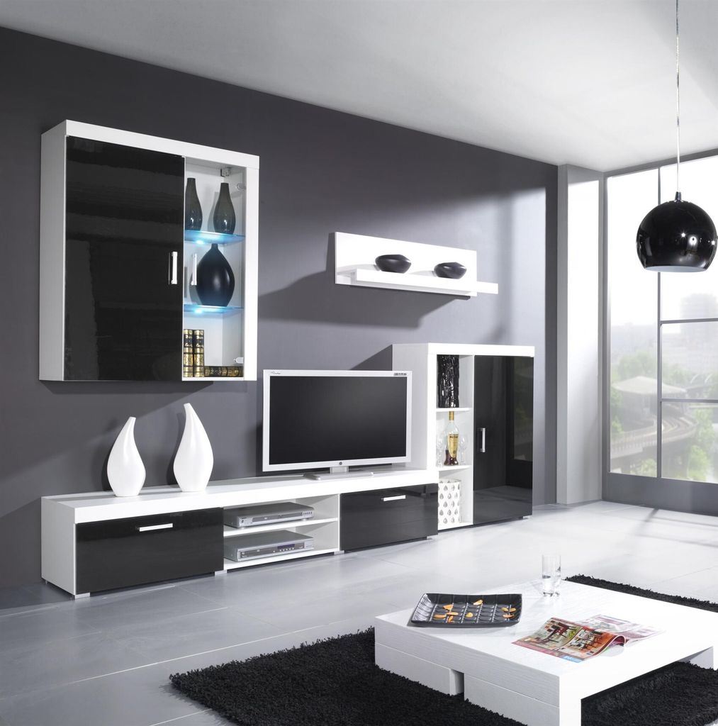 Wohnwand Schrankwand 4 tlg. YORK Schwarz-Weiss HGL mit Produktbild 