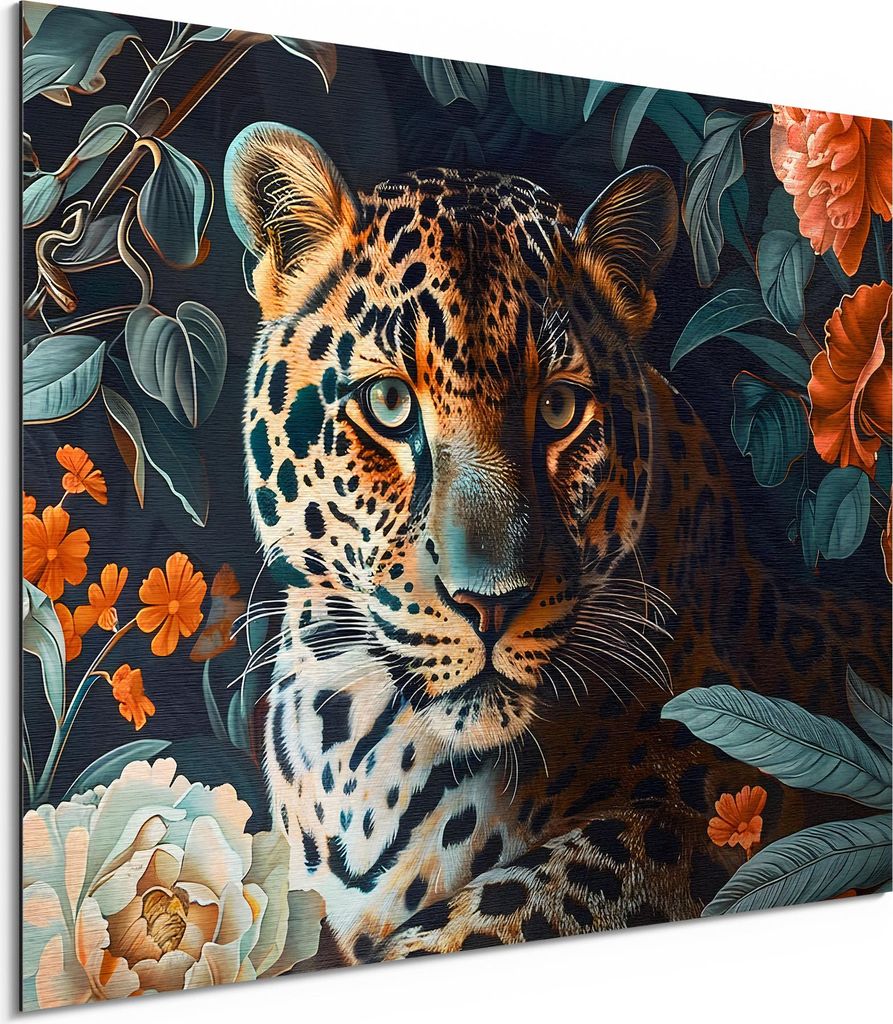 DEQORI Alu-Dibond Bild Silber 80x60 cm 'Leopard im Blütenmeer' Wandbild Metall dünn