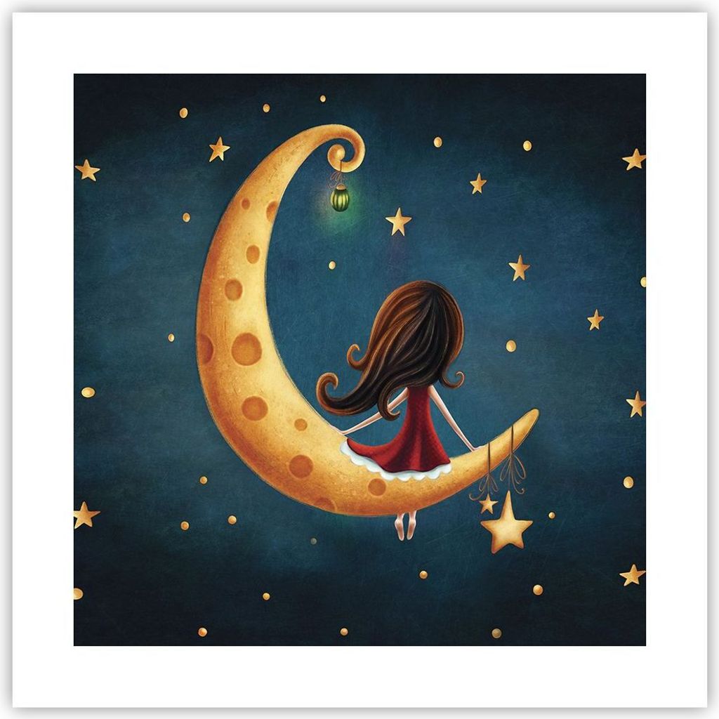 Poster - Poster ohne Rahmen - Kinder Mädchen Mond - 40x40 cm - Wand Bild - Wanddeko - Wandbilder - Kunstposter - Wandposter - Bilder - Kunstdruck ...