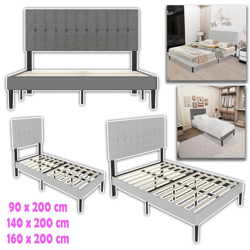 Lit rembourré gris 90x200 cm avec tête de lit capitonnée en lin doux