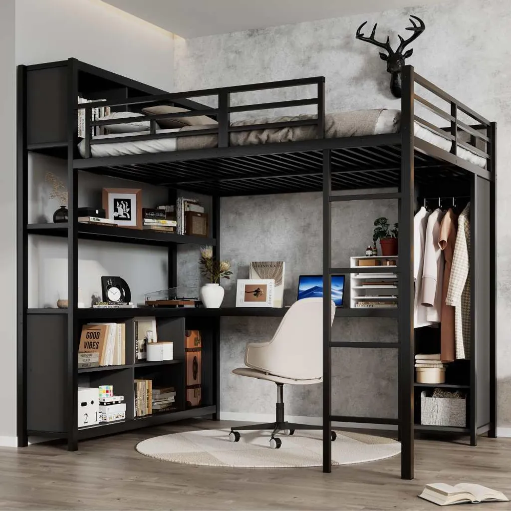 Lit surélevé noir 140x200 structure fer avec armoire de rangement intégrée - 3