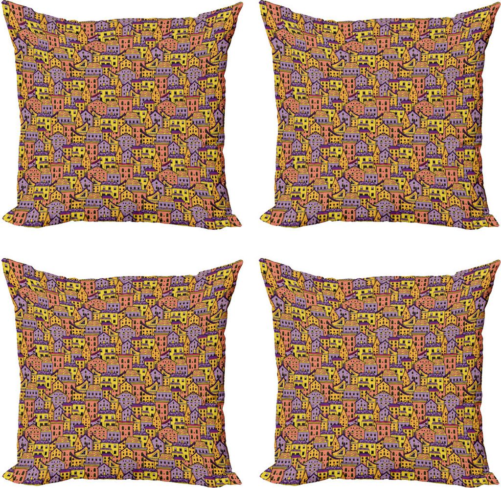 ABAKUHAUS Stadtansicht Kissenbezug Set (4 Stück), Gekritzel Bunte Häuser, Moderner Doppelseitiger Digitaldruck, 40 cm x 40 cm, Erde Gelb Lavendel