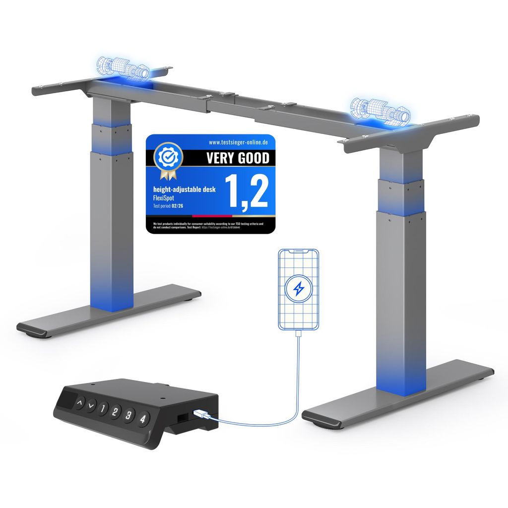 FLEXISPOT ValtreX E200 Höhenverstellbarer Schreibtisch 200 kg Tragkraft, 2 Motoren, USB-Anschluss, 4 Speicherfunktionen, 3‐stufiges Gestell (Grau)