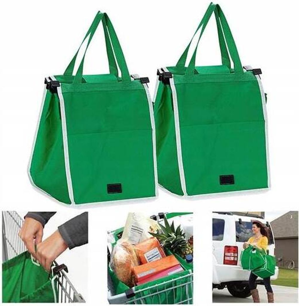 A collage of images showing green shopping bags, one being attached to a shopping cart, another filled with groceries, and a woman loading bags into a car.