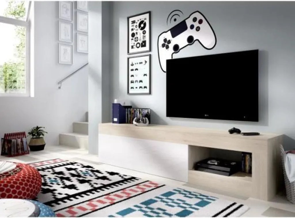 Meuble TV bas LEBO Chêne et Blanc brillant 204 cm - Style scandinave - 8