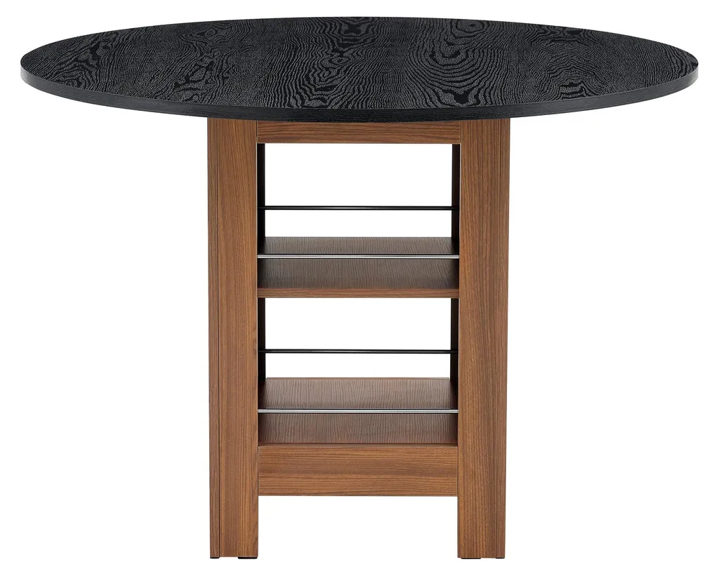 Table ronde aspect noyer Ø 100 cm avec étagère, structure métal noir - 9