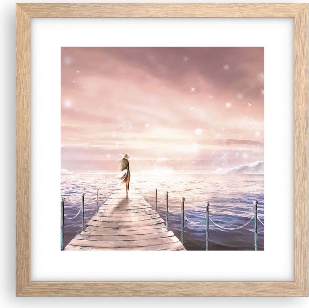 Gerahmtes Poster - Rahmen in heller Eiche - Brücke Frau die Sterne - 30x30 cm - Wand Bild - Wanddeko - Wandbilder - Wandposter - Bilderrahmen - Bi...
