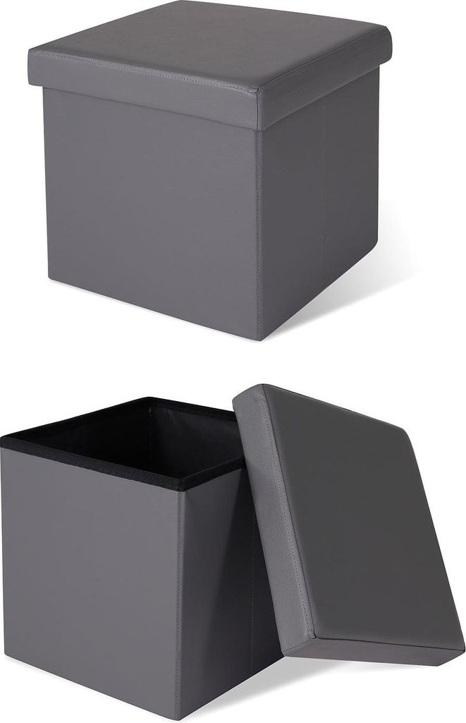 A gray storage ottoman is shown in two views: closed and open.