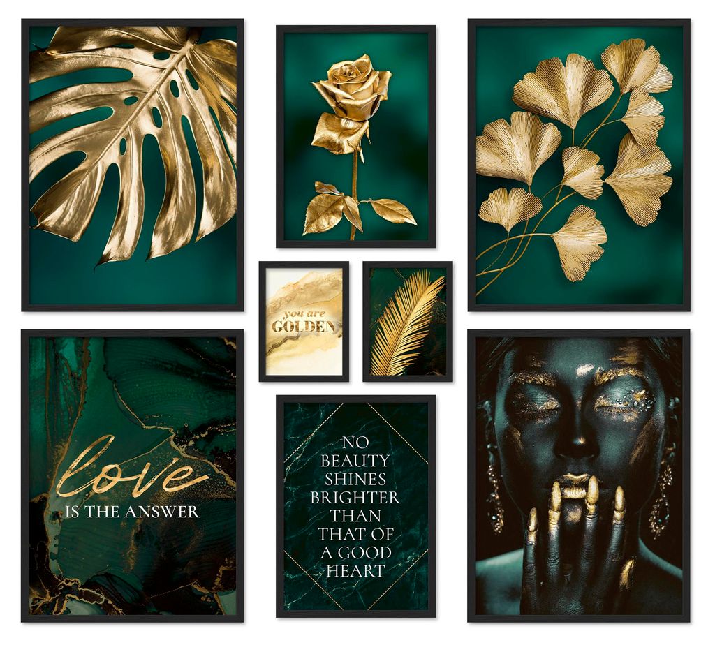 ARTFAVES Poster Set - Golden Leaves I mehrteilige Bilderwand für Wohnzimmer, Schlafzimmer I Wandbilder Petrol I mit Rahmen Schwarz