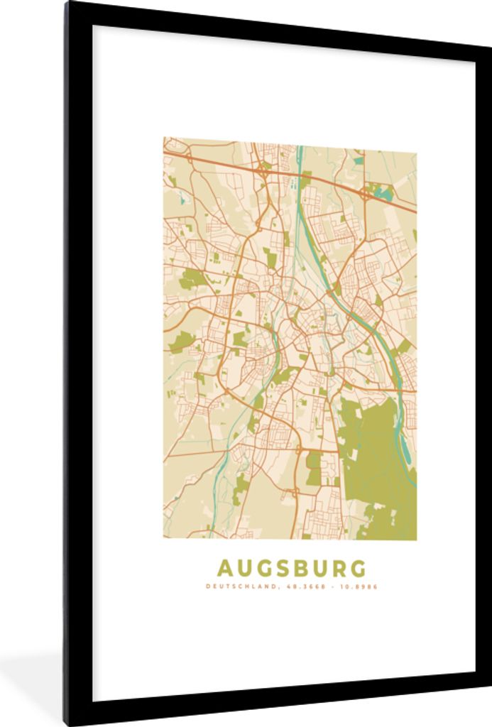 MuchoWow Gerahmtes Poster Karte - Augsburg - Karte - Vintage - Stadtplan 60x90 cm - Poster mit Schwarzem Bilderrahmen Wandposter Rahmen Foto Bild...