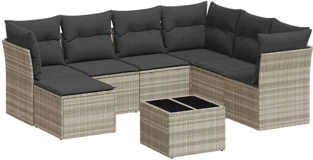 vidaXL 8-tlg. Garten-Sofagarnitur mit Kissen Hellgrau Poly Rattan