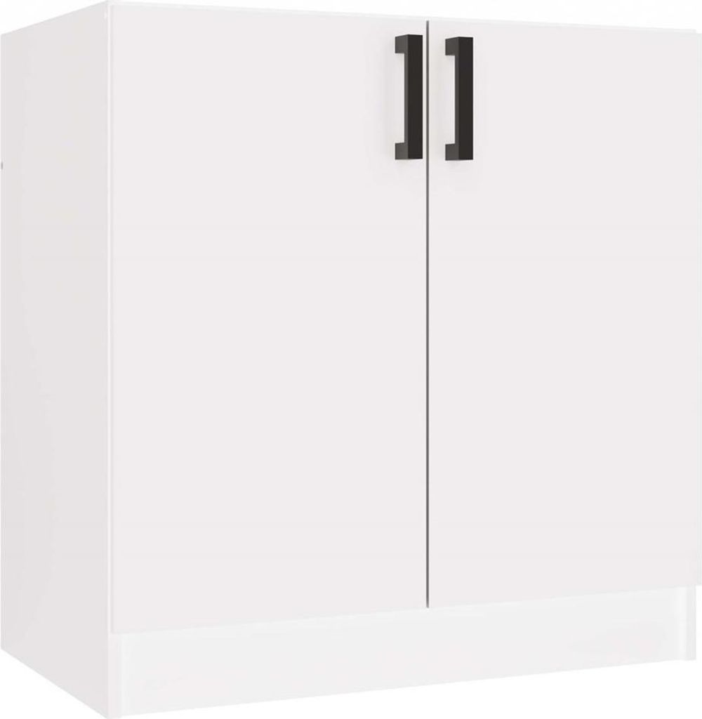 A white kitchen cabinet with two black handles.