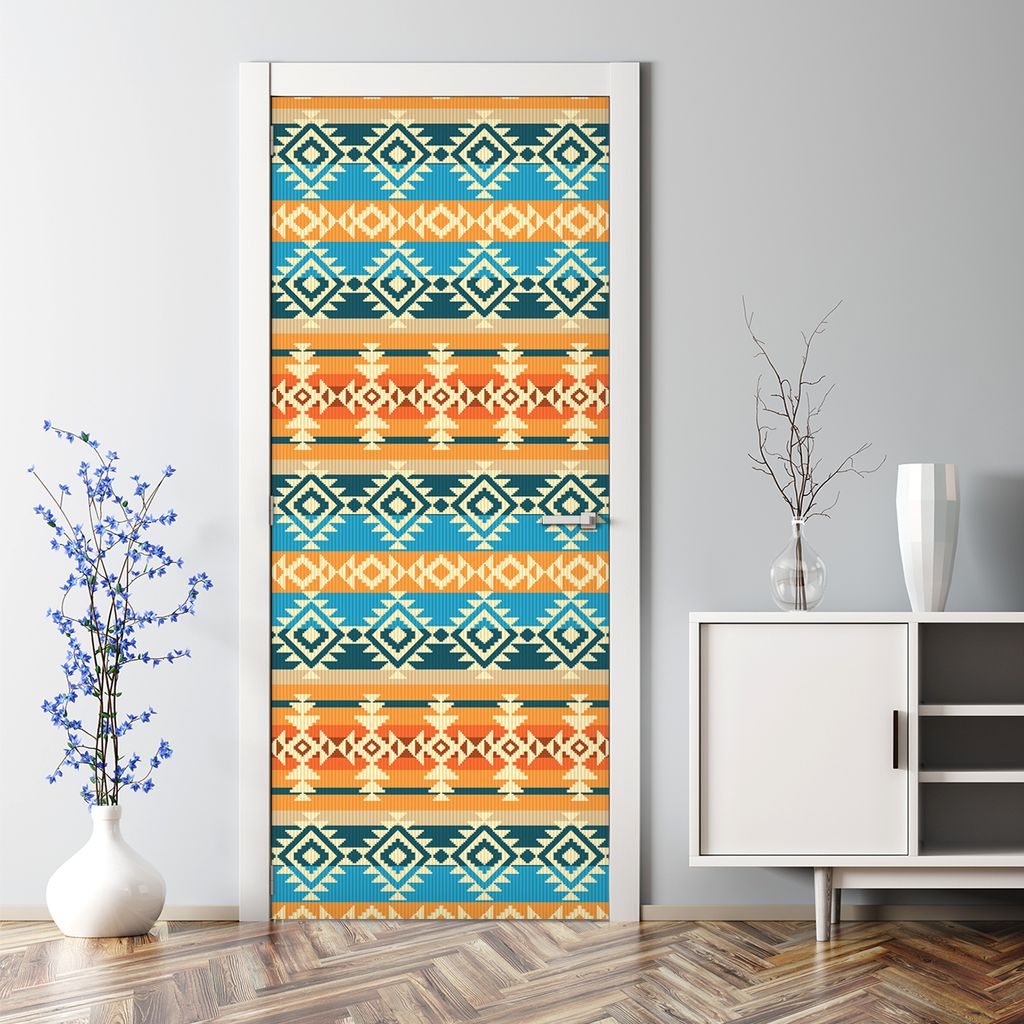 Dekorative Türposter selbstklebend Wandaufkleber Türaufkleber Ethnische Braun Blau 70 x 200 cm