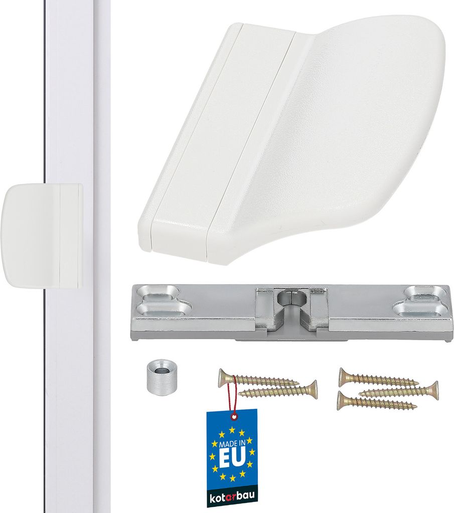 A collection of white and silver balcony door hardware components, including a handle, a mounting plate, screws, and a small cylindrical piece, arranged on a white background. A blue tag with 'MADE IN EU' is also visible.