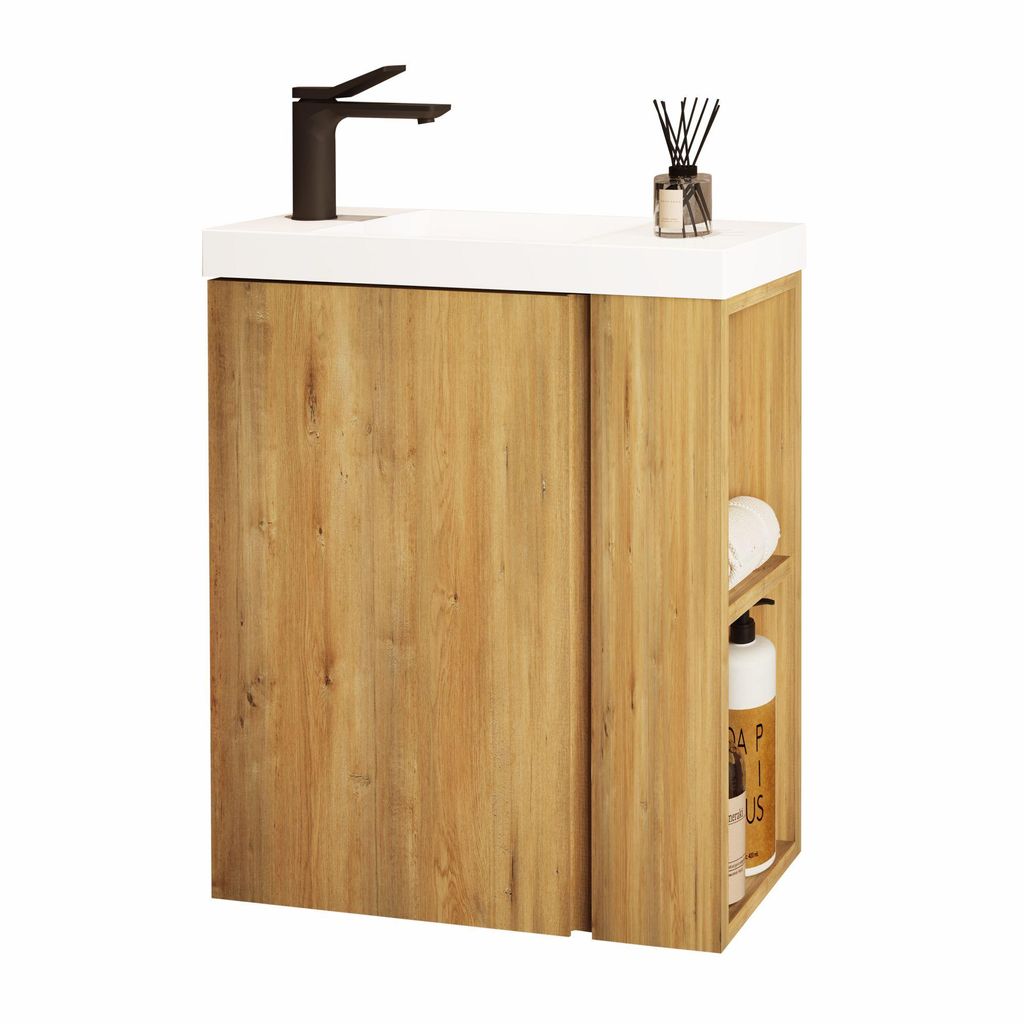JINDOLI Waschtisch mit Unterschrank 55 cm, Vormontiert, Waschbecken aus Mineralguss mit schwarzer Armatur, Kompaketes Badmöbel-Set, Natur Eiche