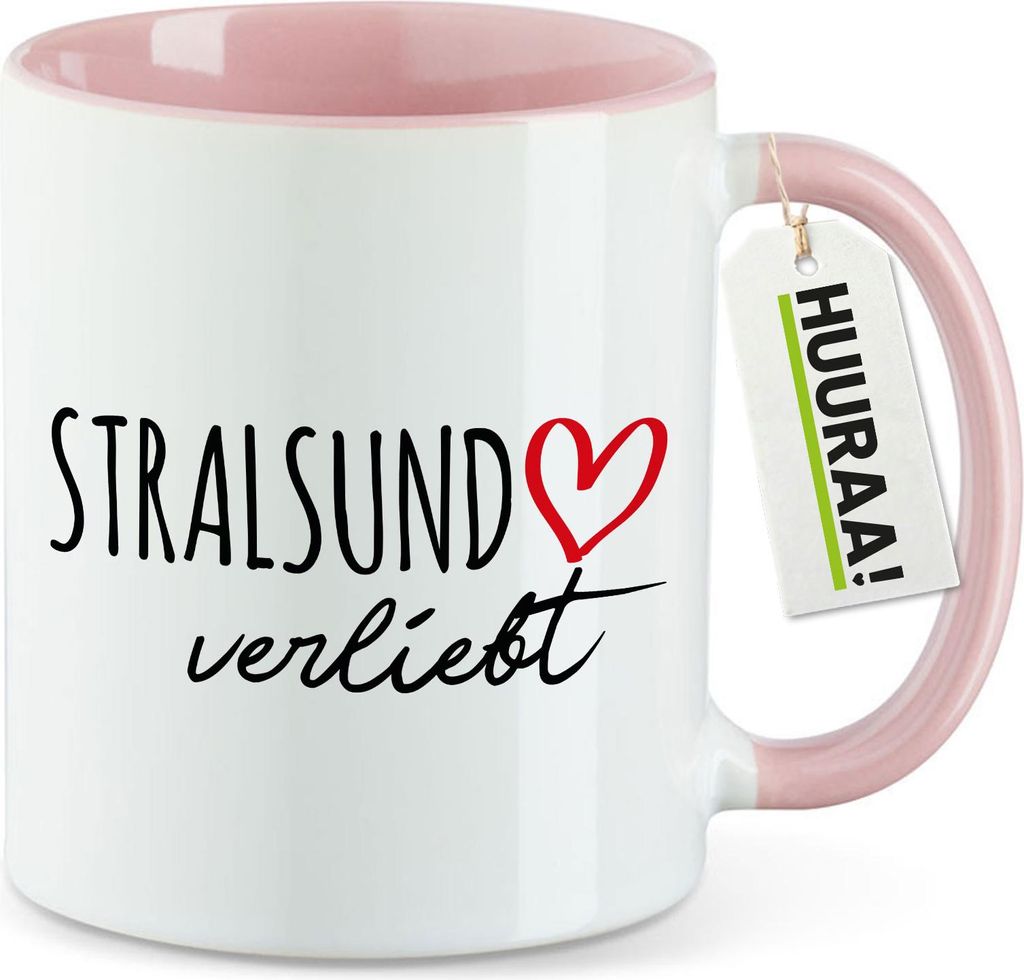 Huuraa Kaffeetasse Stralsund verliebt 330ml Rosa Keramik Kaffeebecher Geschenkidee