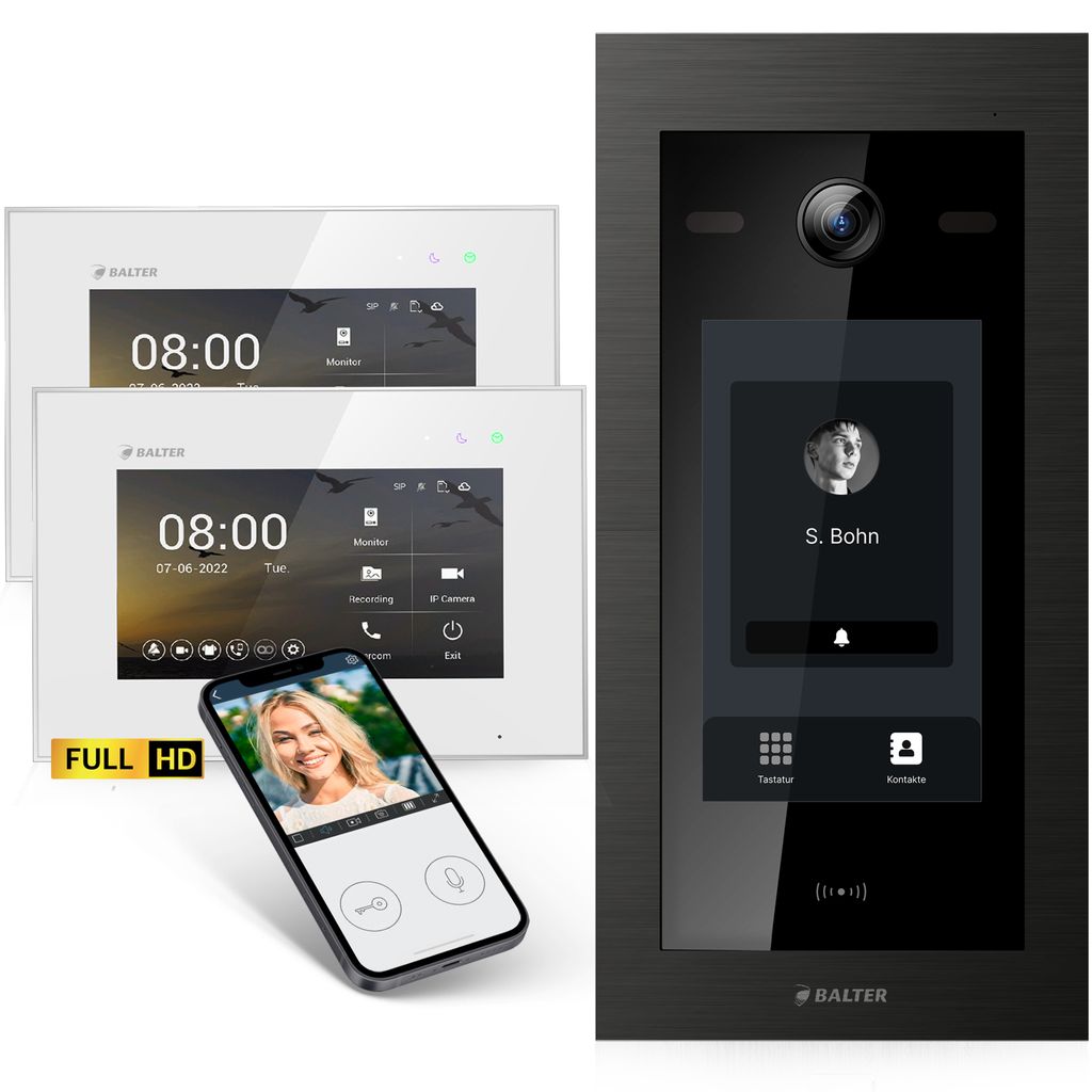 Balter EVO-HD Video Türsprechanlage mit Touchscreen Türstation, Video Türklingel, App, 2 Familienhaus, 2x 7 Zoll Monitor, Full HD, 2 Draht Bus, ...