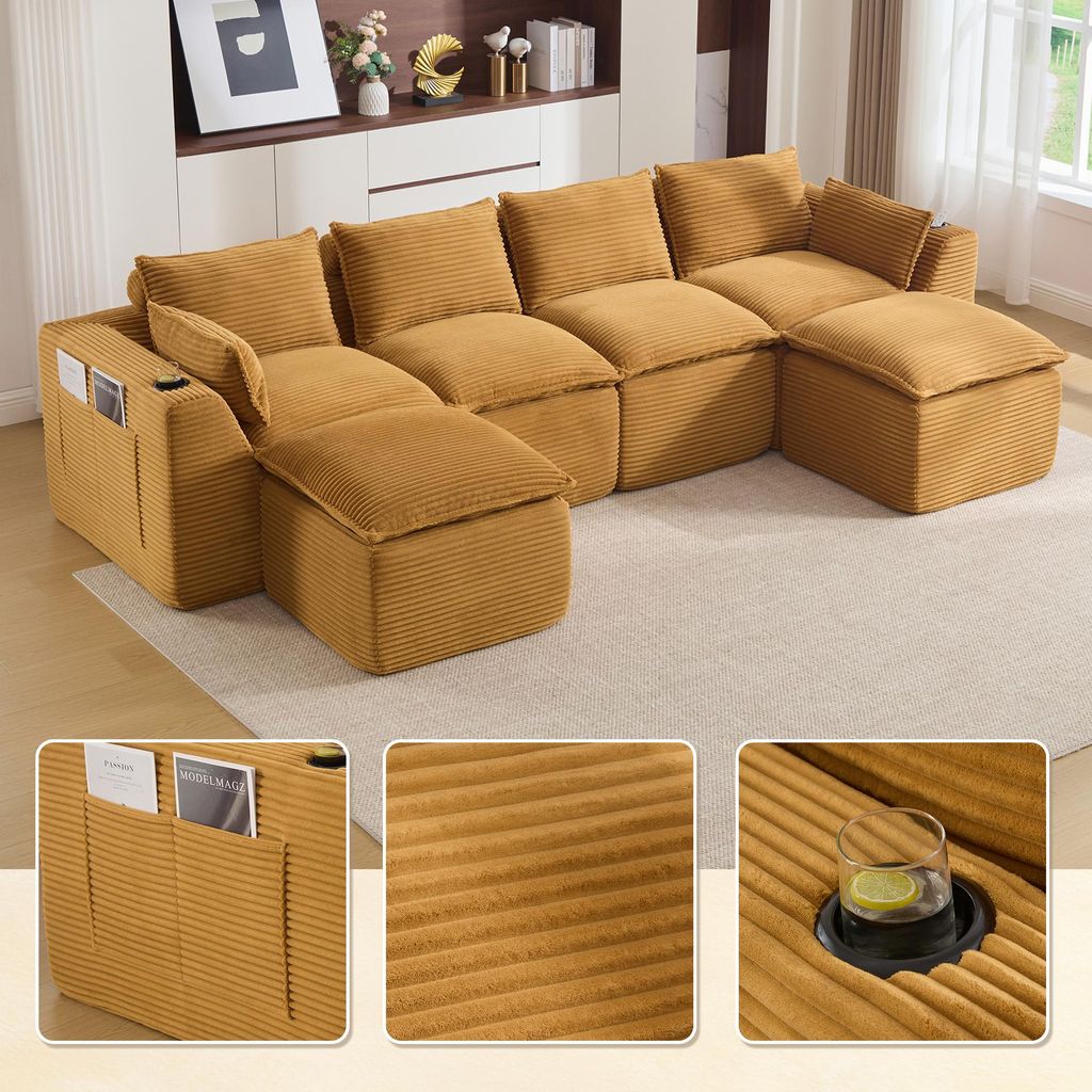 Modulares 4-Sitzer-Sofa mit 2 Fusshockern, Kissen, Getraenkehalter, bequem, Orange