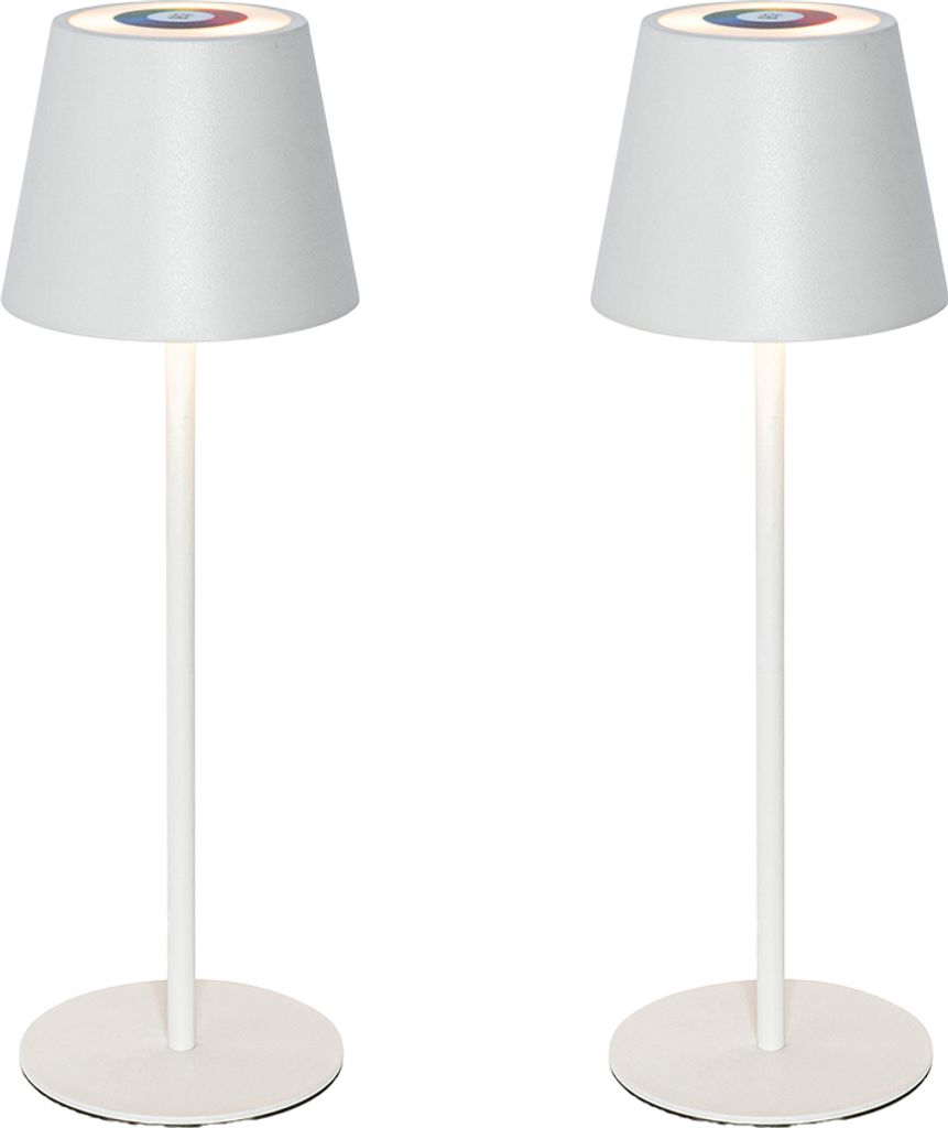 QAZQA - Modern Set mit 2 Tischleuchte I Tischlampe I Lampe I Leuchten weiß mit Dimmer und wiederaufladbarem RGBW - Murdock Touch-funktion Dimmer I Dimmbar I Außenbeleuchtung - Stahl Rund - I (nicht au