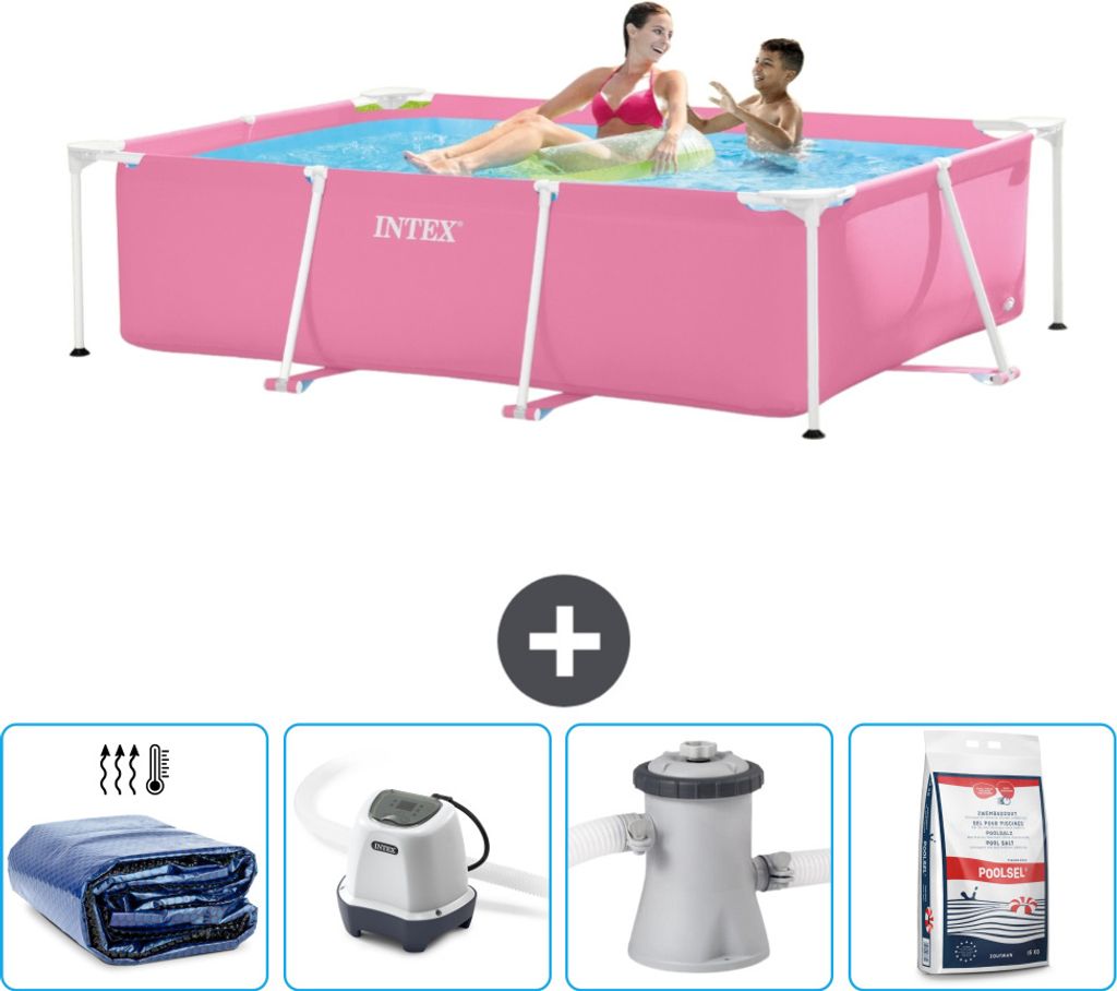 A pink Intex swimming pool with two people in it, accompanied by images of accessories.