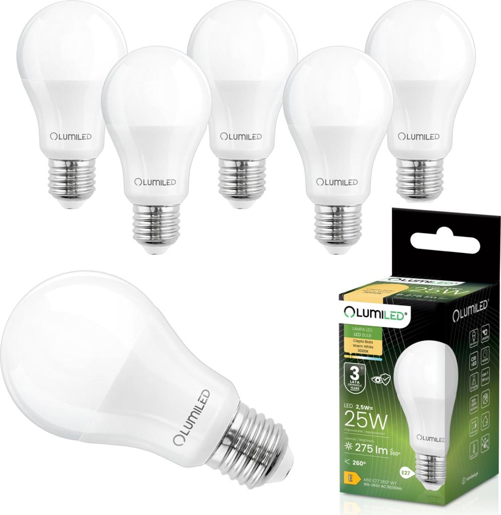 LUMILED 6er Set LED Lampe E27 A60 2,5W 275lm 3000K Warmweiß Produktbild 