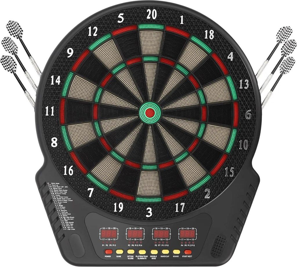 Elektronische Dartscheibe - Softdart-Board - 27 Spiele - 1–16 Spieler - 6 Softtip-Darts - 4 LED-Displays - Sprachansage (Englisch) - EU-Stecker/4...
