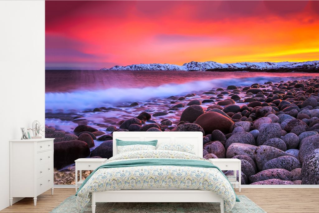 MuchoWow Fototapete für Wohnzimmer oder Schlafzimmer Wandtapete Vinyl Motivtapete Sonne - Steine - Schnee - Landschaft - Wasser - 450x300 cm - G...