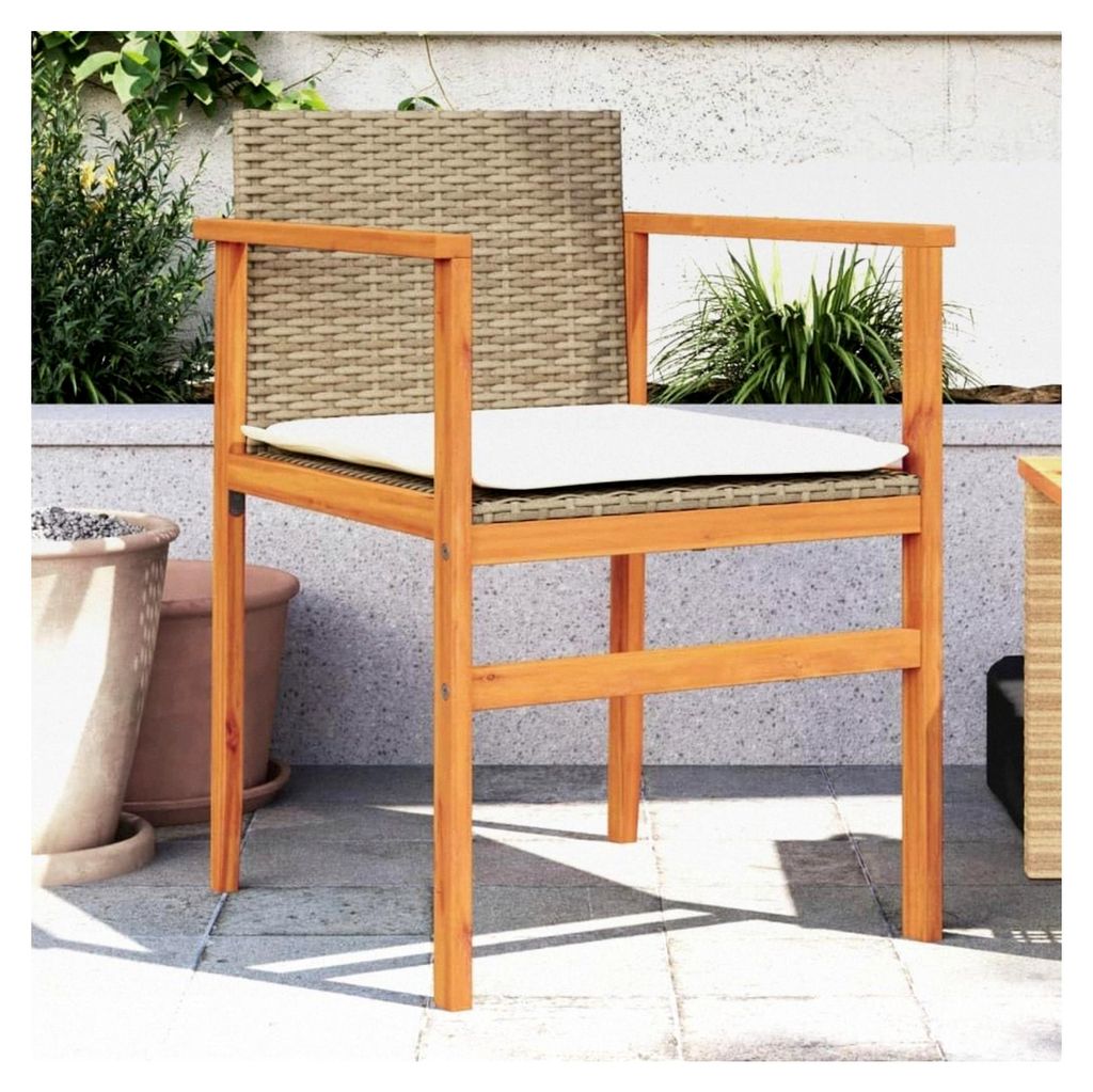 Gartenstühle mit Kissen, 2 Stück, Beige, Polyrattan und Massivholz