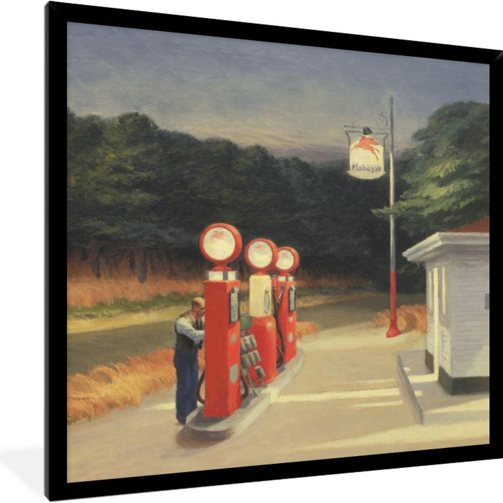 MuchoWow Gerahmtes Poster Benzin - Edward Hopper 40x40 cm - Poster mit Schwarzem Bilderrahmen Wandposter Rahmen Foto Bilder - Mit Rahmen - Wandde...