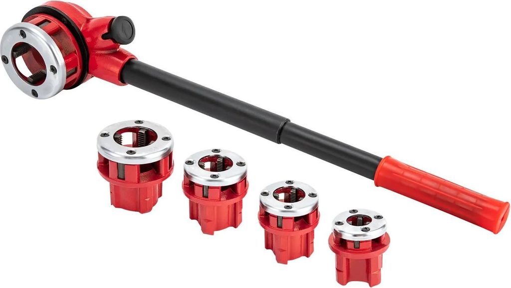 Rohrgewindeschneidsatz - Hand-Rohrgewindeschneider - Set mit 5 Schneidköpfen 9,5/13/19/25/32 mm - BSPT - Kohlenstoffstahl - Grifflänge 42–43 cm...