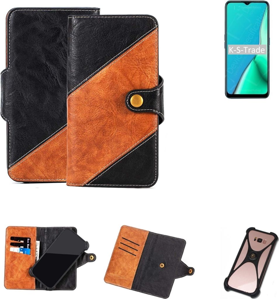 K-S-Trade Handyhülle Schutzhülle Bookstyle Case Wallet-Case kompatibel mit Oppo A9 2020 Handy Cover Bumper Klapphülle schwarz hellbraun 1x