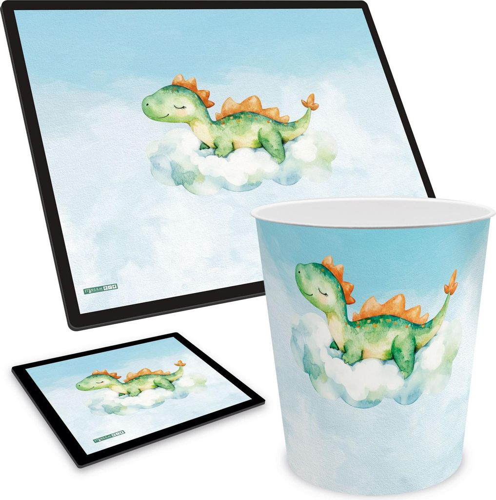 ITENGA Papierkorb Schreibtischunterlage Mauspad Set - ca. 11 Liter - DINO AQUARELL