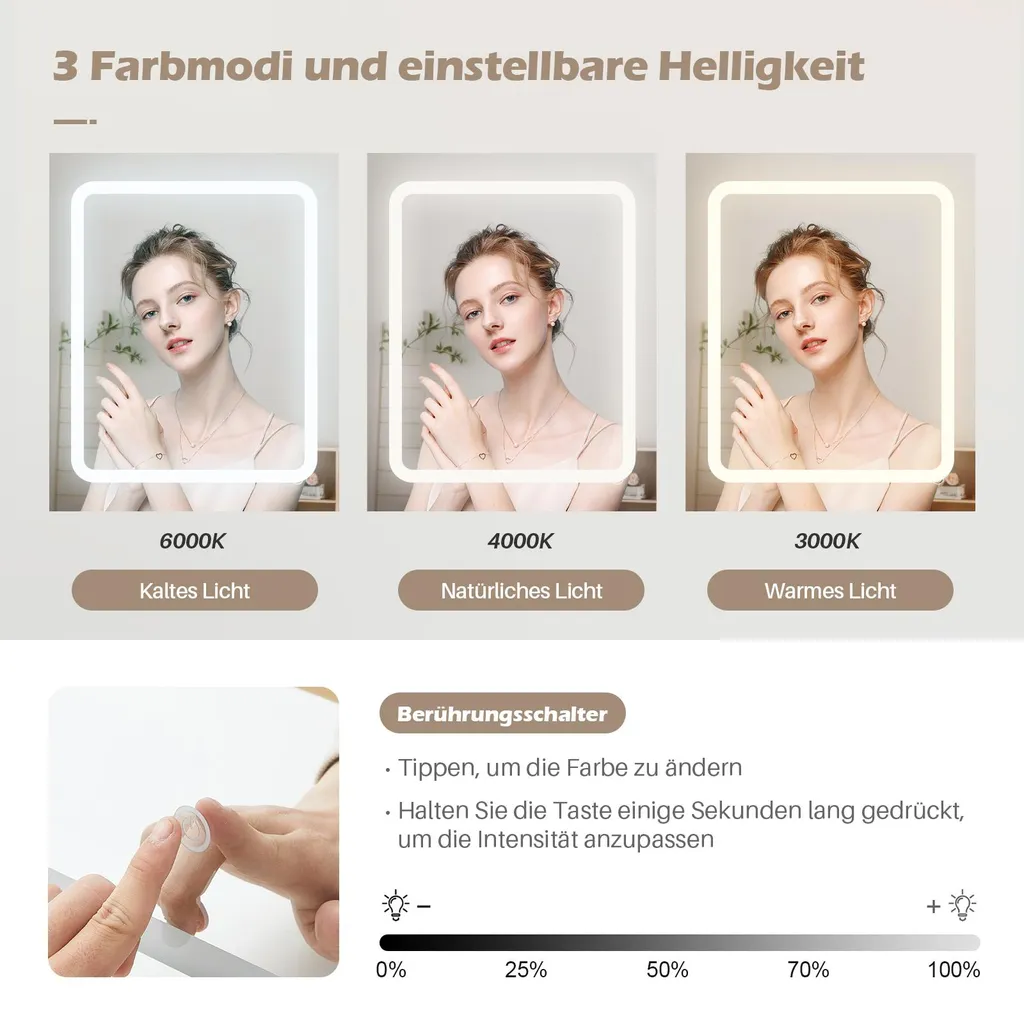 Miroir Tactile LED à Luminosité Réglable pour Coiffeuse Moderne Blanc - 3