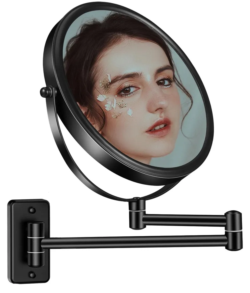 Miroir mural pivotant 360° noir avec loupe 10x haute précision 20 cm