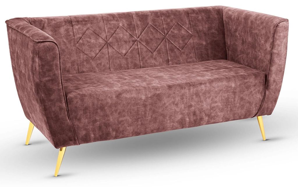 Lara Sofa aus Veloursstoff in Braun und Rot mit Nähten und goldenen Beinen
