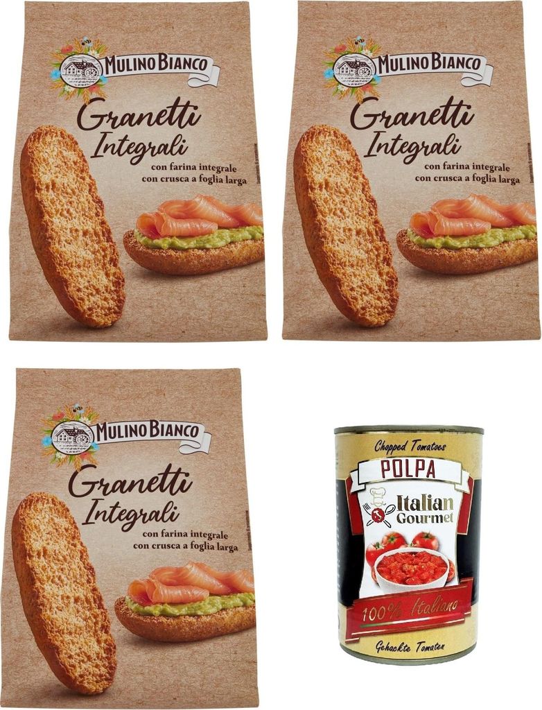3x Mulino Bianco Crostini Granetti integrali Vollkorn-Croutons, reich an Ballaststoffen Snack, 280g + Italian Gourmet polpa 400g