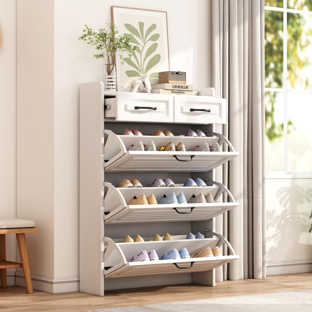 Flieks Schuhschrank Schuhkipper mit 2 Schubladen, Schuhkommode Flurkommode Schuhablage Schmal, Schuhregal mit 3 Klappbaren Schuhregalen, Weiß, 125cm