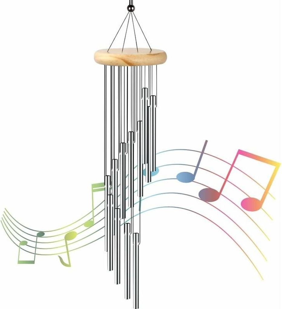 Windglocken Außenwindglocken Aluminiumrohr Massivholz zum Aufhängen Garten Musik Windglocken Innenterrasse Balkon Hof Wohnkultur Geschenk Silber