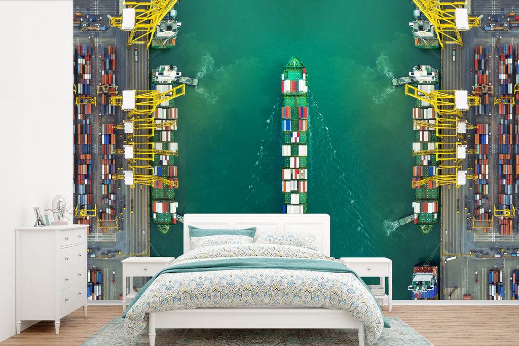 MuchoWow Fototapete für Wohnzimmer oder Schlafzimmer Wandtapete Vinyl Motivtapete Luftaufnahme eines Frachtschiffs in einem Hafen - 525x350 cm -...
