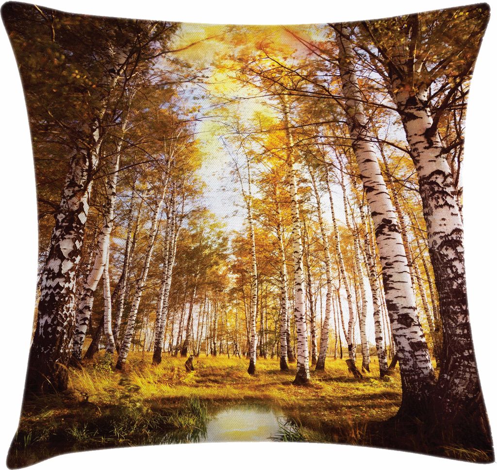 ABAKUHAUS Baum Kissenbezug, Herbst Saison Wald in Sun Rays nahe dem Fluss im Morgen idyllischer Ansicht Druck, 40 x 40 cm, Braun Weiß Gelb
