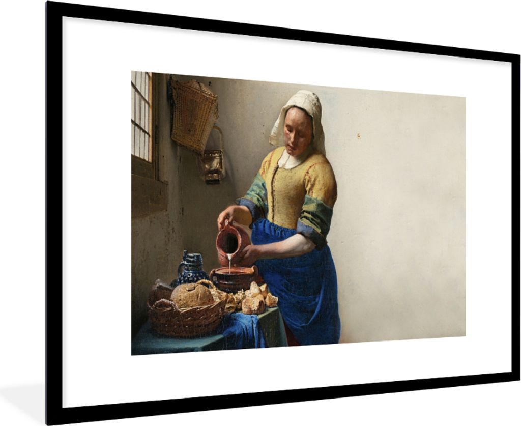 MuchoWow Gerahmtes Poster Das Milchmädchen - Kunst - Alte Meister - Vermeer 90x60 cm - Poster mit Schwarzem Bilderrahmen Wandposter Rahmen Foto ...