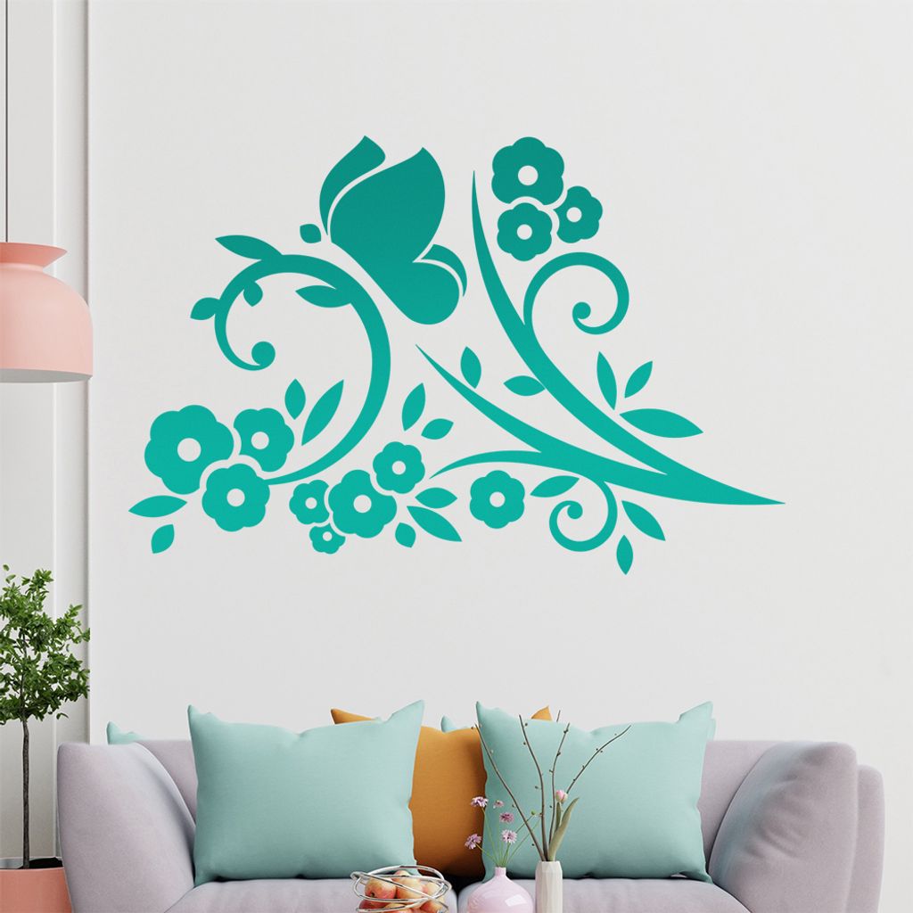 Falter Schmetterling Blüte Wandtattoo in 6 Größen - Wandaufkleber Wall Sticker - Dekoration, Küche, Wohnzimmer, Schlafzimmer, Badezimmer