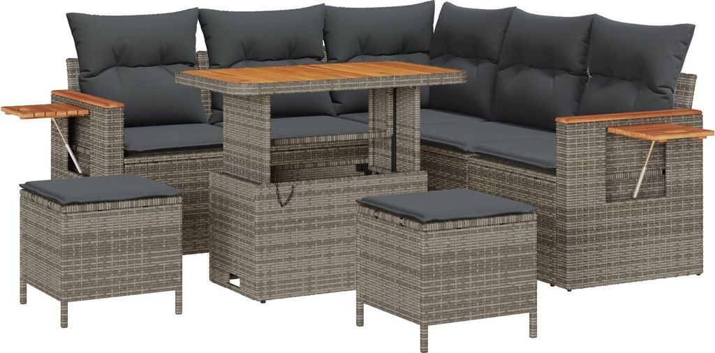 Möbel 8-teilige Garten-Sofa-Set mit Kissen Grau Poly-Rattan Akazie, 3-teiliges Garten-Essset mit Kissen Grau Poly-Rattan Akazie - Gartensofas 3363178