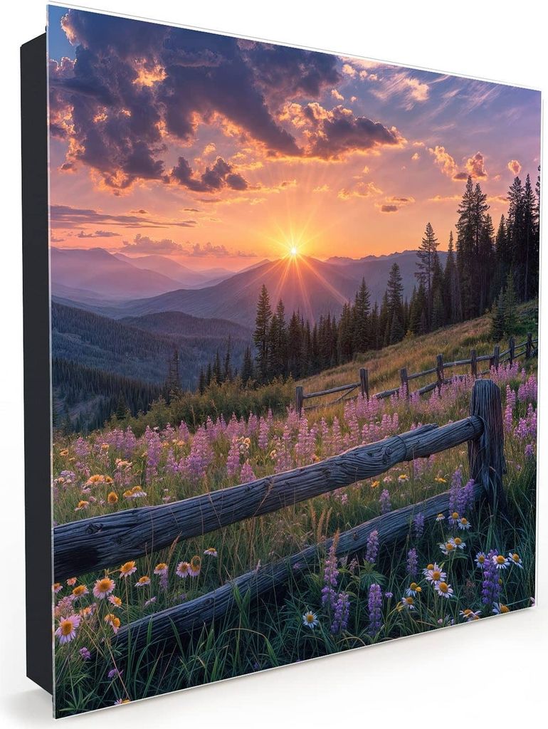 Nachbildung-Schlüsselkasten, Magnetpinnwand und Memoboard mit Glasfront Motiv Sonnenuntergang Wiese