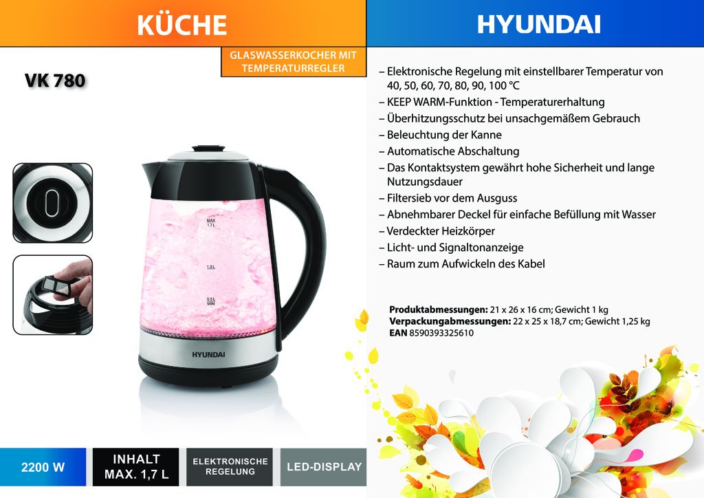 HYUNDAI Glas-Wasserkocher VK 780 Teekocher mit 7 Temperaturen und 1,7 Liter Volumen sowie 2200 Watt LED Display HYUVK780