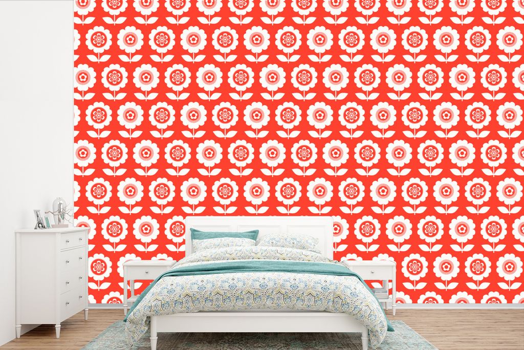 MuchoWow Fototapete für Wohnzimmer oder Schlafzimmer Wandtapete Vinyl Motivtapete Blumen - Muster - Rot - 420x280 cm - Zimmer für Kinder
